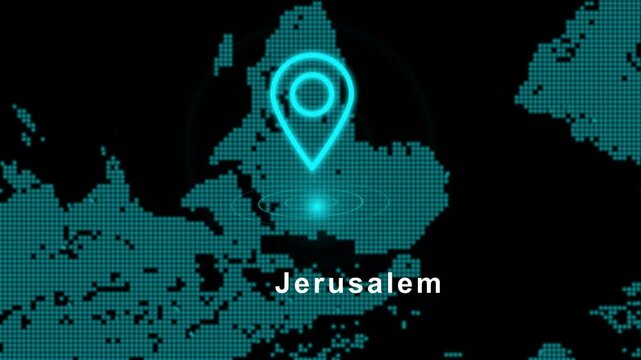 Country location Jerusalem city of israel pin animation. GPS tracking map pointer icon with alpha channel and black background, Neon location has been displaye