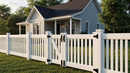 Fototapeta premium Modern grey cottage with white plastic fence, gate. Small backyard garden with green grass, trees. Elegant residential house architecture with neat boundary. Family home exterior design featuring