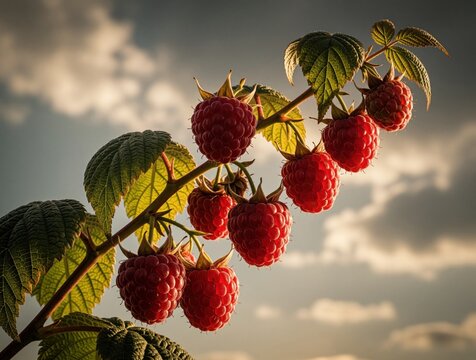 Fresh red raspberries grow on green branch against cloudy sky. Ripe organic berries hang from stem with rich leaves in garden. Summer fruit grows in nature under soft sunlight. Healthy sweet berries