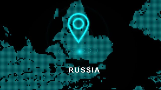 Digital Map of Russia with Glowing Cyan GPS Pin Marker. Abstract Technology Background for Navigation, Connectivity, and Global Data Visuals.