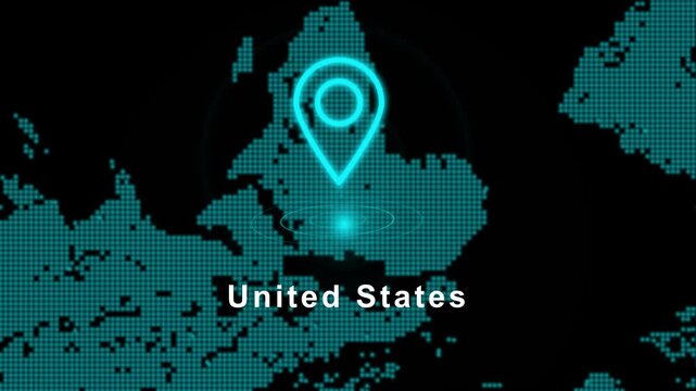 Digital Map of United States with Glowing Cyan GPS Pin Marker. Abstract Technology Background for Navigation, Connectivity, and Data Visualization.