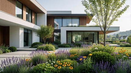 Fototapeta premium Modern luxury house with clean architecture, large glass windows. Beautiful flower garden with purple lavender, yellow flowers in foreground. Green lawn, trees surround stylish residential building.
