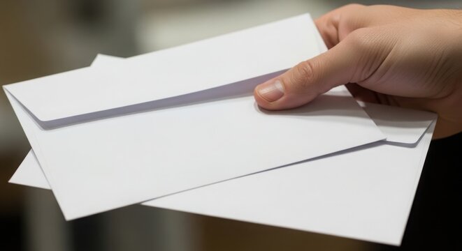 A hand holding stack of white envelopes illustration