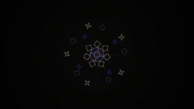 Glowing geometric mandala pattern with stars and diamonds rotating on dark background in seamless loop