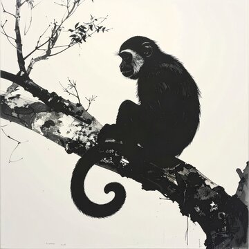 Black and white monkey sitting on a tree branch.
