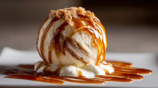 Caramel topped ice cream scoop with rich creamy texture, sweet frozen dessert treat with golden caramel drizzle, delicious summer dessert served as a single scoop