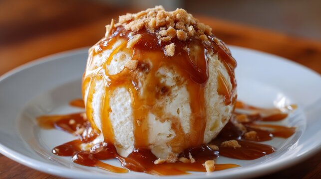 Caramel topped ice cream scoop with rich creamy texture, sweet frozen dessert treat with golden caramel drizzle, delicious summer dessert served as a single scoop