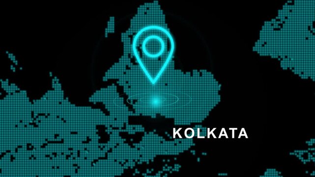 Digital World Map with Location Pin Pointing to Kolkata India - Futuristic Hud Interface Motion Graphic for Travel Navigation Logistics and Global Business Presentations.
