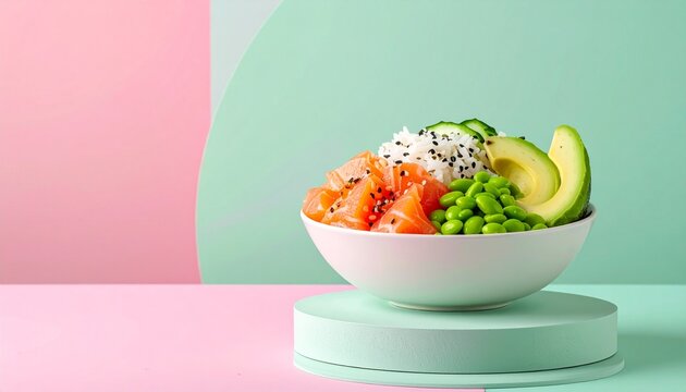 Healthy salmon poke bowl with avocado and edamame on a modern pastel podium