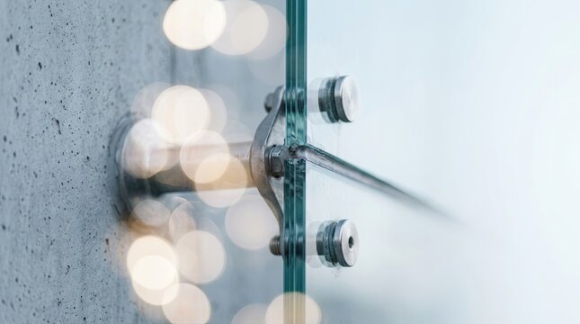 Modern architectural glass facade mounting with steel spider fitting detail