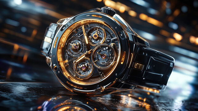 Luxury Black and Gold Skeleton Tourbillon Men Wrist Watch Close Up Shot with Complex Mechanical Gear Movement Concept