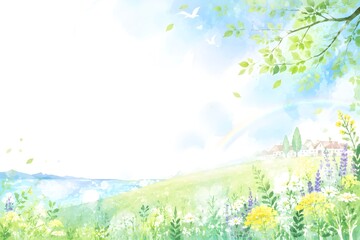 Fototapeta premium 春夏の自然風景と青空のパステル水彩背景｜Pastel watercolor landscape background with blue sky and flowers