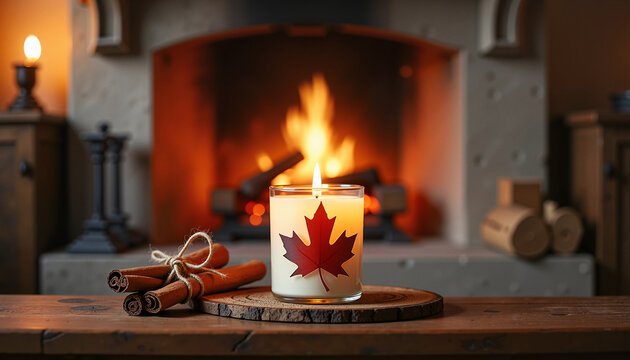 candle featuring a maple leaf design beside cinnamon sticks on a wooden table in front of a warm fireplace, ideal for creating a cozy atmosphere