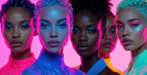 Fototapeta premium Group of diverse women with vibrant makeup pose in neon lights. Their faces illuminated with pink blue and teal glows, styled for fashion shoot.