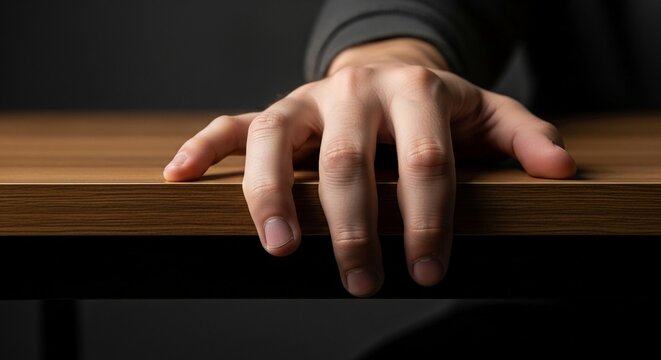 Close up of a human hand with fingers reaching and touching a textured wooden surface