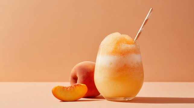 Peach soda float served in a clear glass on a soft peach background, refreshing fizzy peach drink with creamy ice cream foam, sweet summer beverage, minimal food and drink photography