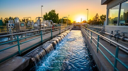 Obraz premium Water treatment plant facility with flowing water and cascading aeration tanks at sunset