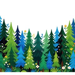 Obraz premium Stylized forest border with colorful green, blue pine trees. Flat design illustration features evergreen woods, small flowers on white background. Nature landscape frame provides ample copy space for