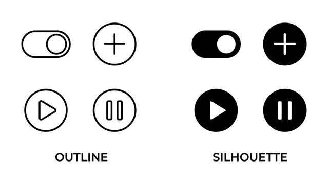 User Interface Icons: A set of common UI elements including toggle switch, add button, play button, and pause button, presented in both outline and silhouette styles.