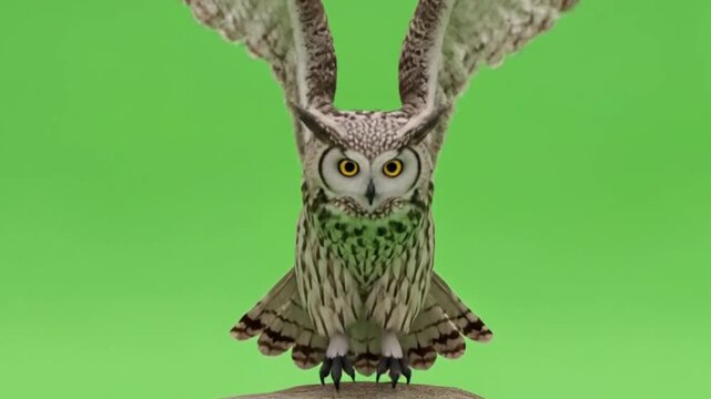 Horned Owl Flapping Wings Flying Front View Green Screen