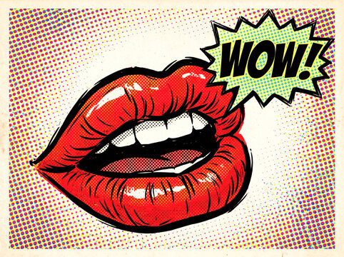 Retro Pop Art Red Lips with Halftone Dots and Comic Speech Bubble