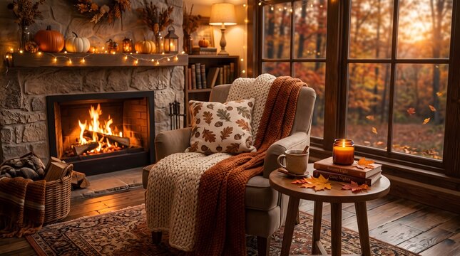 Cozy autumn living room scene with fireplace, knit blankets, pumpkin mantel decor, candlelight and armchair by window overlooking colorful fall foliage