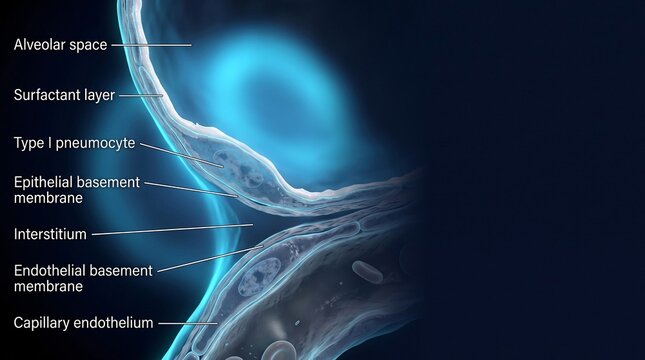 Labeled alveolar air blood barrier anatomy showing alveolar space, surfactant, Type I pneumocyte, interstitium and capillary endothelium