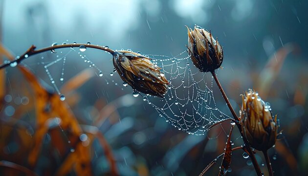 Dew Covered Spider Web on Autumn Flower Buds.