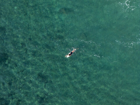 Aerial view of a surfer paddling on a surfboard in the clear turquoise waters of Nusa Dua Beach in South Kuta, Bali, Indonesia.