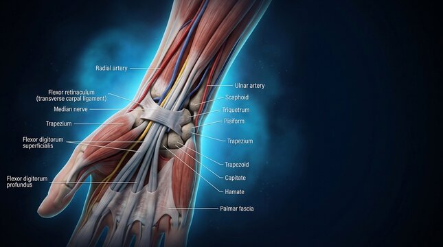 Hand anatomy showing tendons nerves arteries and carpal bones