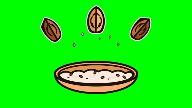 2D animated illustration of date fruits falling into a bowl of rice porridge, Ramadan sahur food concept on green screen background
