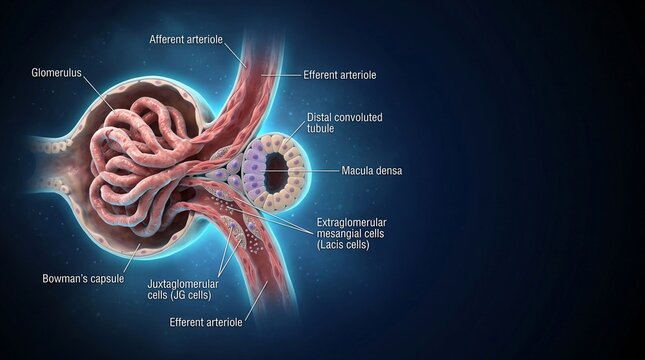 Juxtaglomerular apparatus showing glomerulus macula densa and vessels