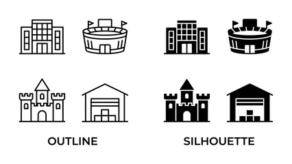 Obraz premium Architectural Icons: A collection of building icons presented in both outline and silhouette styles, featuring a school or administrative building, a stadium, a castle, and a warehouse.