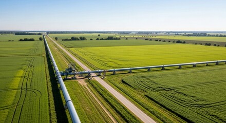 Fototapeta premium Expansive industrial pipeline system stretches across green agricultural fields under a clear blue sky, showcasing energy infrastructure.