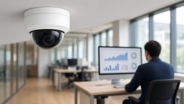 Modern Office Surveillance System Monitoring Employee Performance with Security Camera