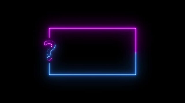 A vibrant blue neon question mark is placed next to a rectangular frame outlined in alternating pink and blue neon lights, all set against a stark black background, suggesting a colorful and
