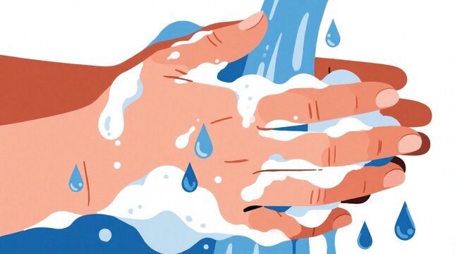 Hands getting washed with soap and water. Cleanliness, hygiene, and sanitation are emphasized. Bubbles and water drops suggest thorough cleaning for health and germ prevention.