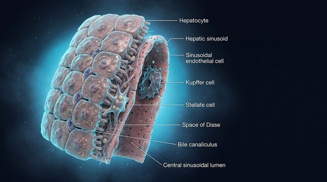 Human liver sinusoid microanatomy with hepatocytes and Kupffer cells