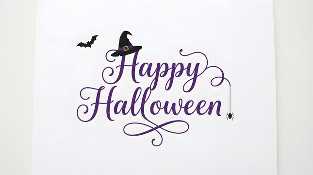 Happy halloween purple cursive lettering with witch hat