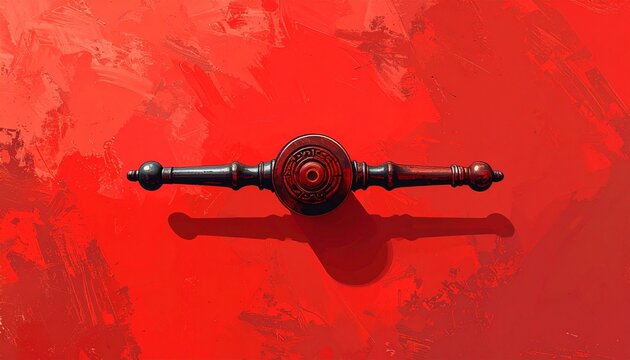 Close up of vintage red door handle on textured surface.
