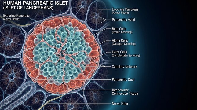 Human pancreatic islet anatomy showing beta alpha and delta cells