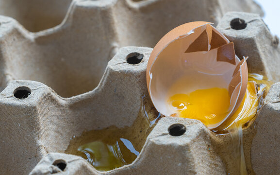 Broken Raw Egg Spilling onto a Cardboard Egg Tray