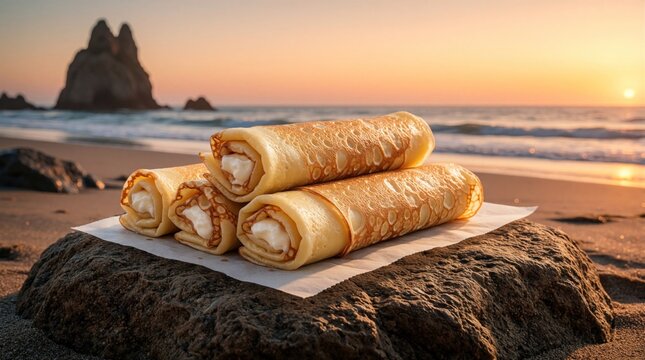 Rolled crepes with creamy filling rest on rock near ocean waves at sunset. Golden light bathes pastry on beach sand, perfect seaside picnic treat.