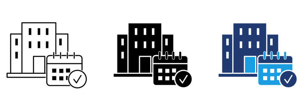 Building schedule icon set with calendar and checkmark. Symbol of corporate event, booking confirmation, hotel reservation, office meeting date, deadline and property management.