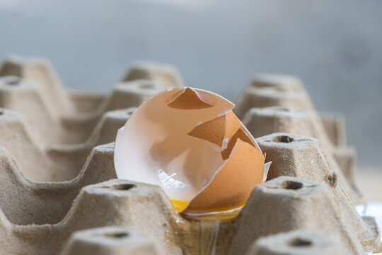 Broken Raw Egg Spilling onto a Cardboard Egg Tray