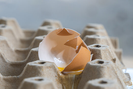 Broken Raw Egg Spilling onto a Cardboard Egg Tray