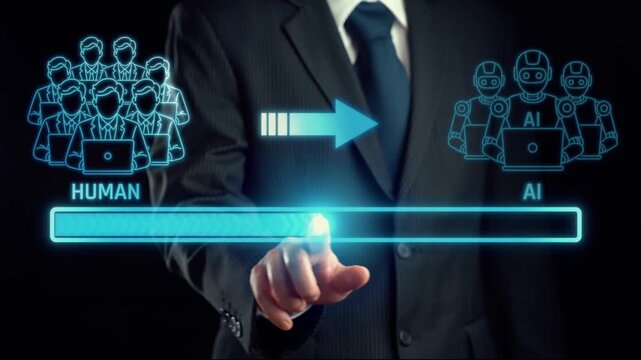 Business Transition from Human Workers to Artificial Intelligence in a Modern Digital Workspace with Futuristic Graphics. Liminal.