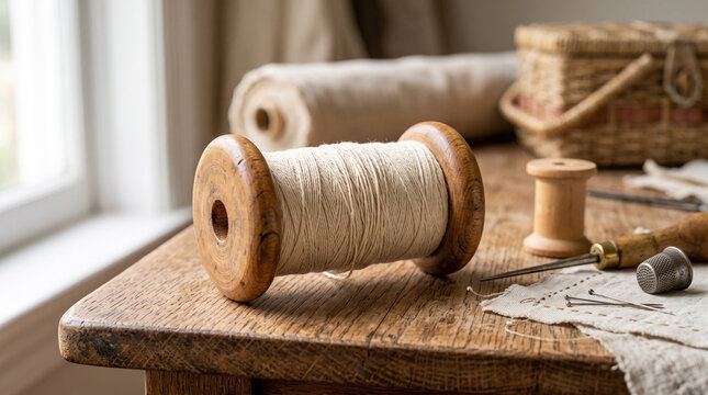 Vintage sewing kit with large spool of thread on wooden table near fabric roll and basket. Vintage sewing kit includes thimble and seam ripper tool. Crafting vintage sewing kit for hobby blog post.
