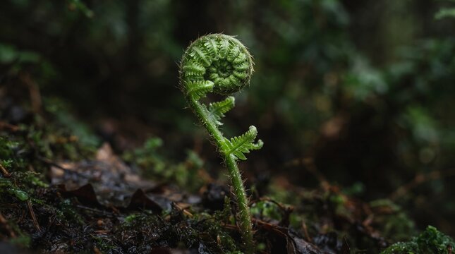 Macro Shot of a Young Green Fern Fiddlehead Unfurling on a Dark Moody Forest Floor in Early Spring