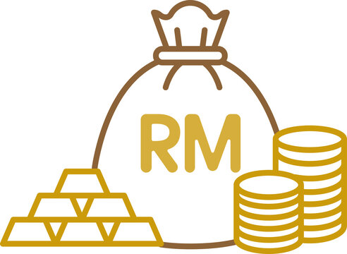 Malaysian Ringgit Money Sack Coins and Gold Bars Line Illustration